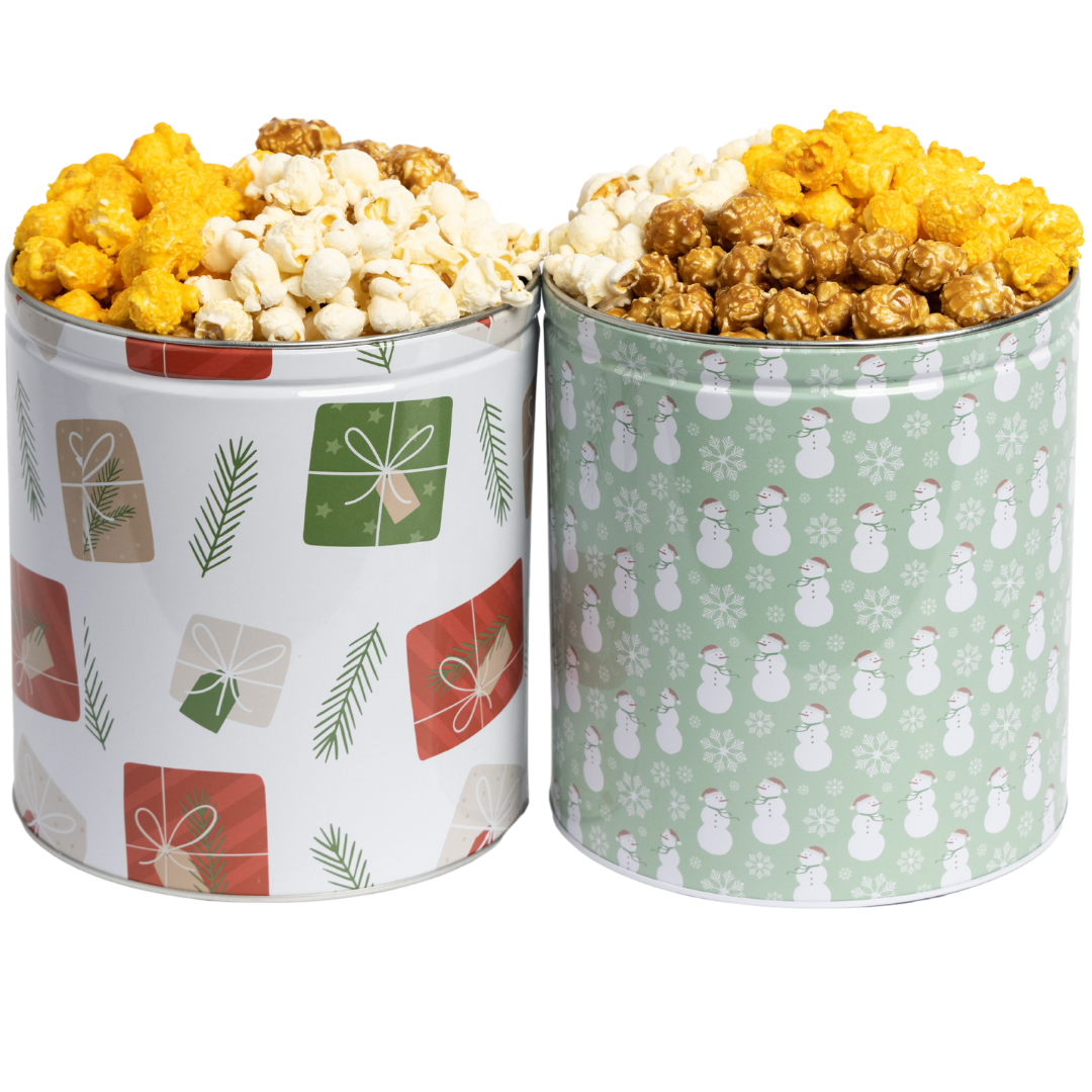 Holiday Popcorn Tin 2 Pack, 1 Gallon Each, 3 Flavors