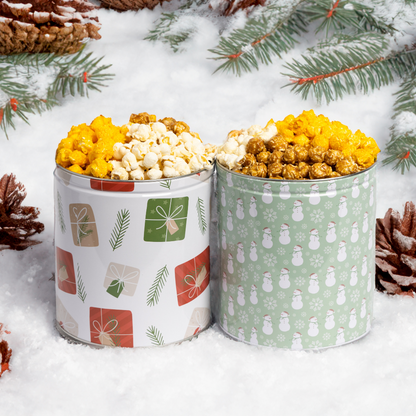 Holiday Popcorn Tin 2 Pack, 1 Gallon Each, 3 Flavors