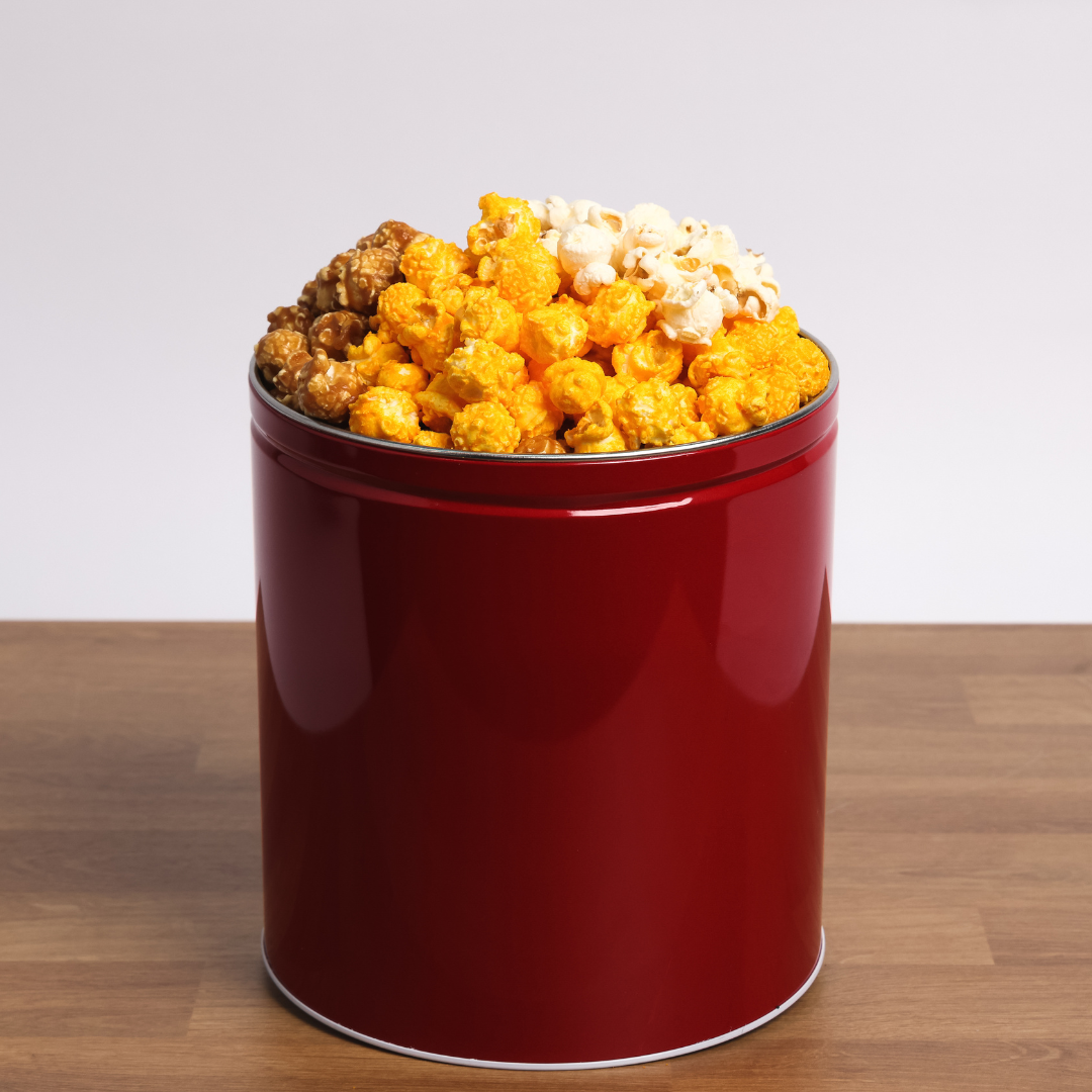 Red Popcorn Tin, 1 Gallon, 3 Flavors