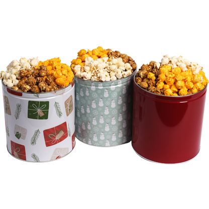 Holiday Popcorn Tin - 3 Pack Bundle, 1 Gallon Each, 3 Flavors